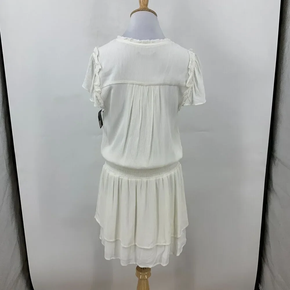 Tart Collections Smocked Waist Dress Womens M Medium White Tassel V Neck Lined